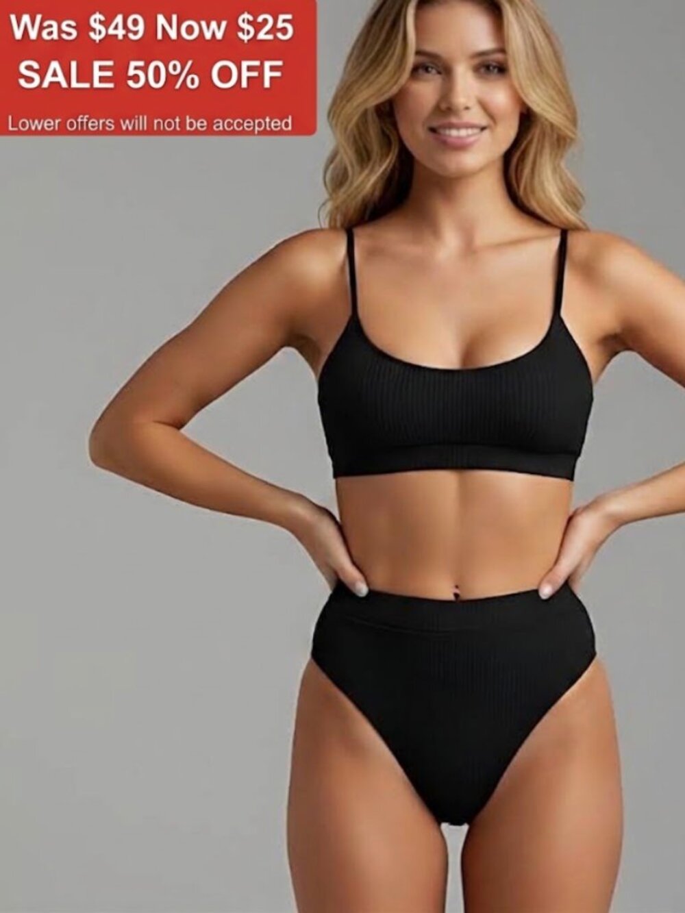 Black Ribbed High Waist Bikini Bathing Suit